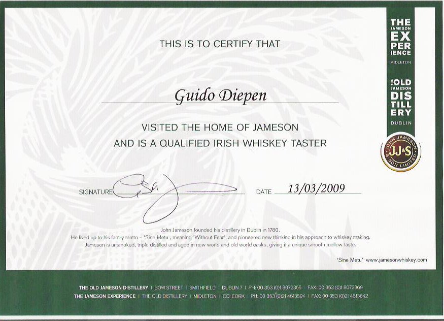 Jameson Whiskey tasting certificate Jameson whiskey tasting certificate