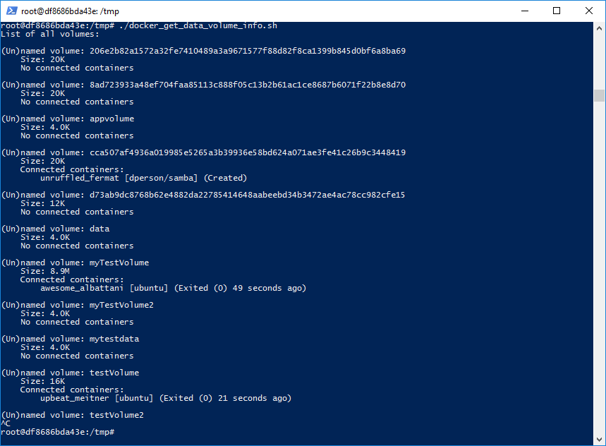 Example output of data volume information script